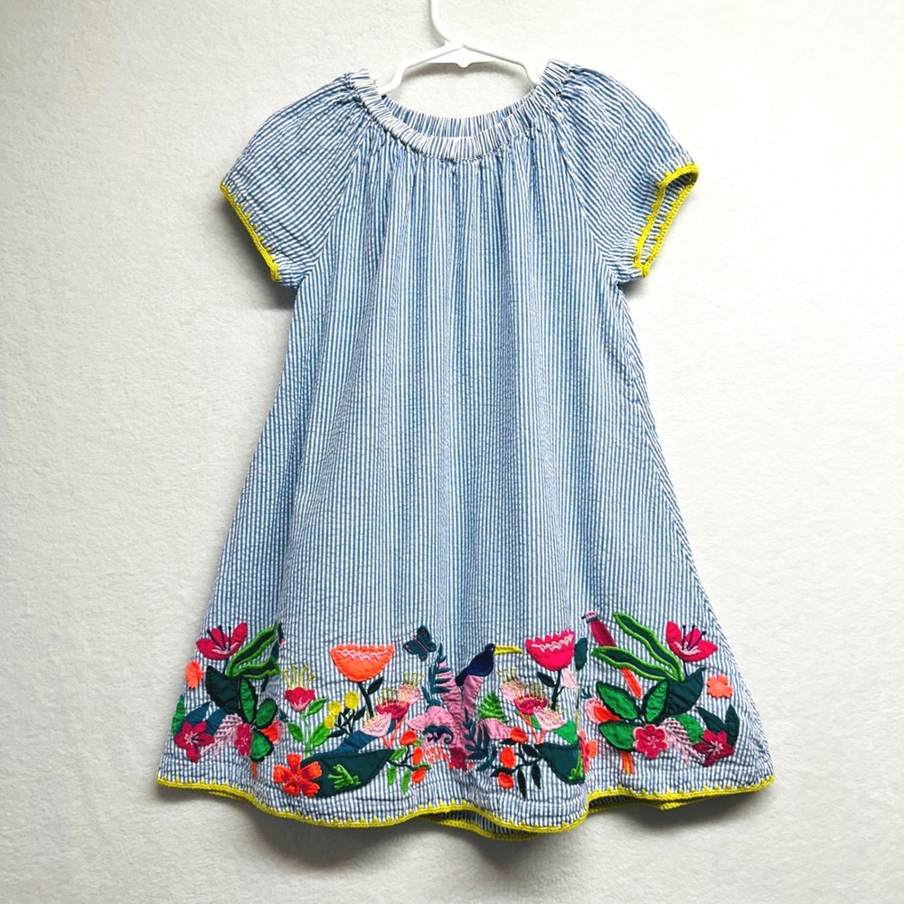 Mini Boden Dress Girls 5-6Y Blue White Striped Seersucker Floral Embroidered